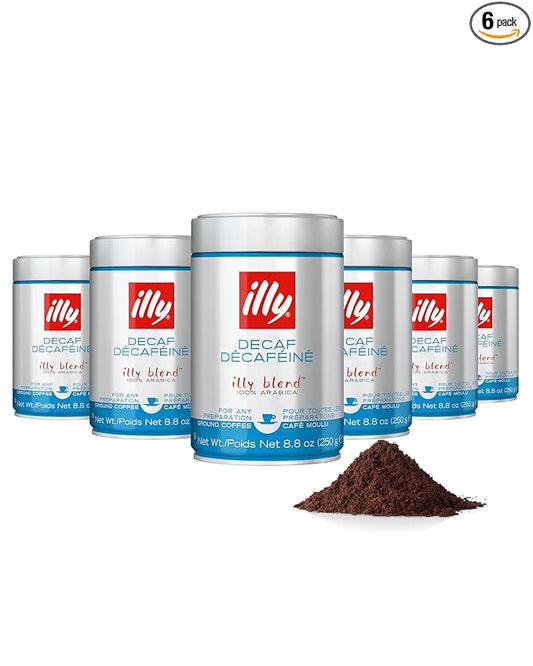 illy Decaf Ground Espresso Coffee, Classico Decaffeinated Medium Roast, 100% Arabica, Premium Italian Coffee, Pre-Ground for Espresso Machines, 8.8oz, 6 Pack