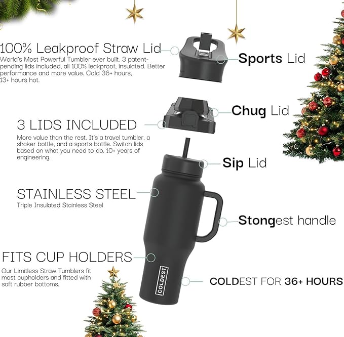 Coldest Tumbler with Handle and Straw - 100% Leak Proof Insulated Tumbler with Lid and Straw (3 Lids) - Stainless Steel Tumblers for Women & Men - Cup Holder Friendly Base, 36 oz (Dark Matter)