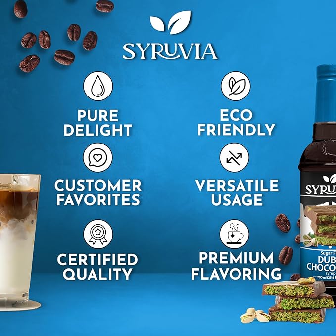 Syruvia Sugar Free Coffee Syrup, Dubai Chocolate Flavored Syrup for Drinks, Lattes, and Desserts – 25.4 fl oz, With Pump