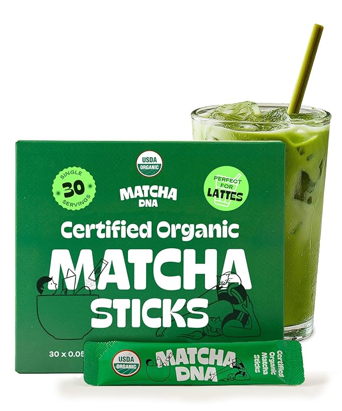 MatchaDNA Organic Matcha Powder Sticks x30 Pack (1.5g Each) – Instant Organic Matcha – Macha Green Tea Blend Unsweetened – Macha Powder Tea for Lattes, Drinks, Smoothies, Recipes, Healthy Beverage