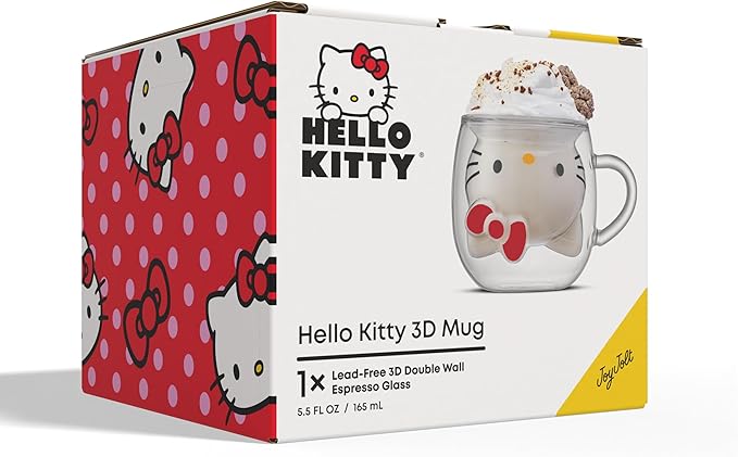 JoyJolt Hello Kitty 3D Espresso Cup, 5.5 oz Double Wall Glass Cup with 3D Design, Insulated Espresso Shot Glass, Kawaii Sanrio Cup for Double Shot Coffee or Tea, Hello Kitty Kitchen Stuff