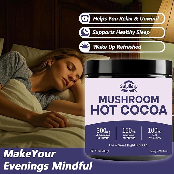 10 Mushroom Hot Cocoa for Sleep, Sugar Free Keto Cocoa Powder, Nighttime Drink,100mg Magnesium Glycinate, 100mg GABA, 150mg L-Theanine, Help Fall Asleep and Stay Asleep, 15 Servings