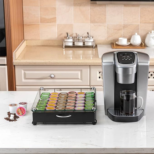 ZCDCP K Cup Holder Drawer Storage,with Crystal Tempered Glass Top,Compatible with K-Cups,Office Kitchen Counter Organizer,(42 pods)