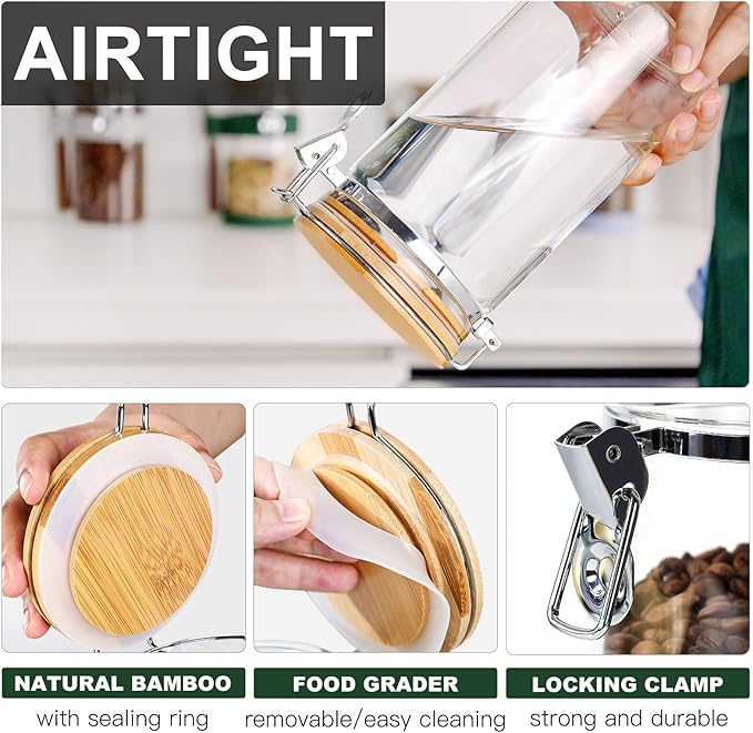 KKC Glass Coffee Jar Set of 3 with Bamboo Lids & Spoons | 40oz Airtight Coffee Bar Accessories & Organizer for Countertop | Clear Sugar and Coffee Container Set for Ground Beans & Tea