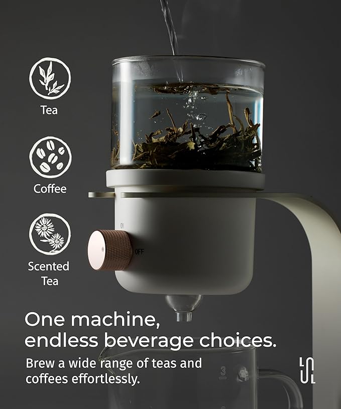 LSL LoveStyle Living Glass Tea Pot with Infusers for Loose Tea and Drip Coffee Pour Over, Semi Automatic Tea Set with Magnetic Clear Teapot, White