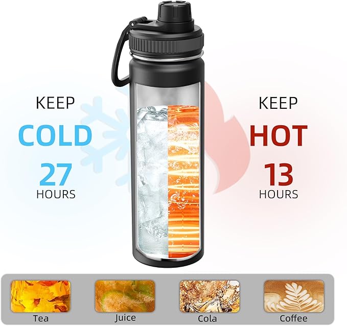 SASEUM Sport Water Bottle 22oz Stainless Steel Double Wall Vacuum Thermal Mug with Leak Proof Spout Lids, Wide Mouth Metal Insulated Water Jug for Gym and Travel（Black）