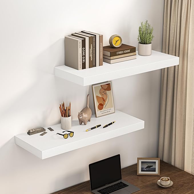 Dreamland 36" Floating Shelves for Wall, 12" Deep Thicker White Floating Shelves, Wall-Mounted Shelves for Bedroom, Living Room, Kitchen, Bathroom - Set of 2