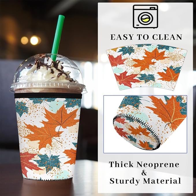 Colored Fall Maple Leaves Iced Coffee Sleeve for Cold Drink Cups, Reusable Neoprene Insulated Drink Sleeves Cup Cover for Beverages, Fits 16-18 oz