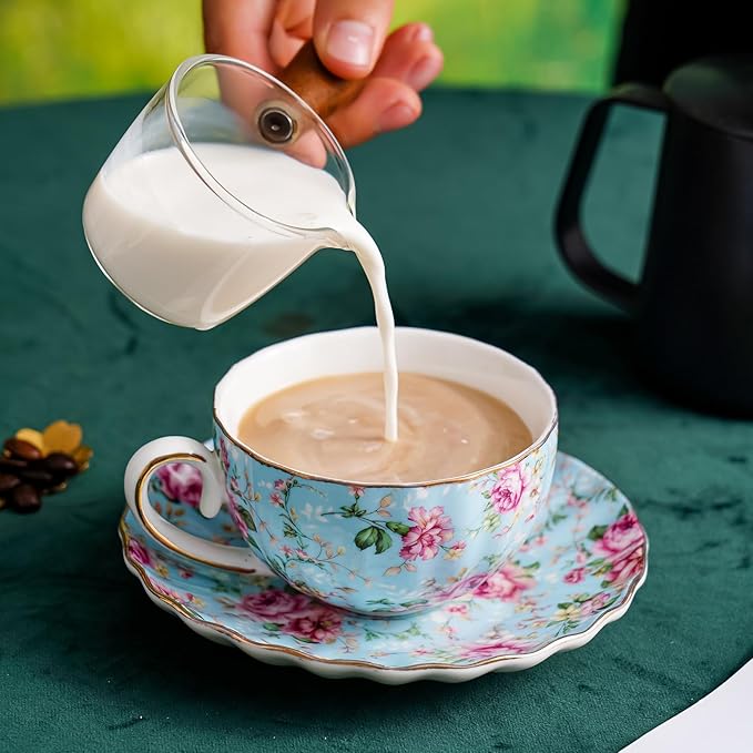 Tea Cup and Saucers, 6.4oz Floral Tea Cups with Gold Trim, Porcelain Teacup, Coffee Cappuccino Espresso Latte Mugs for Party Birthday,Party Cafe Home, Christmas Gift (Blue)