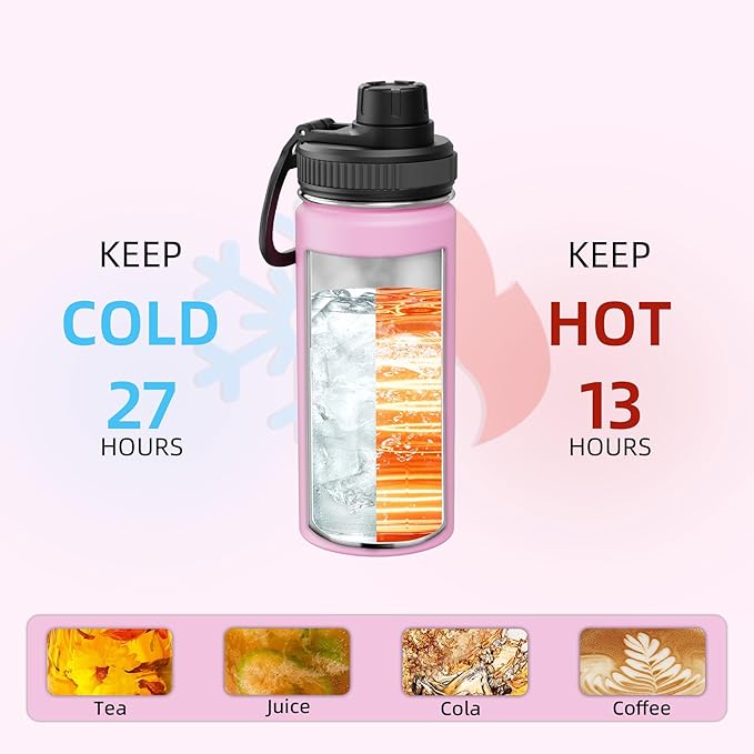 SASEUM Kids Sport Water Bottle 16oz Stainless Steel Double Wall Vacuum Thermal Mug with Leak Proof Spout Lids, Wide Mouth Metal Insulated Water Jug for Gym and Travel（Pink）