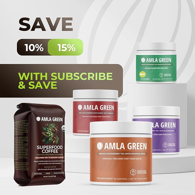 Amla Green Organic Ground Superfood Coffee, Medium Roast Gourmet Coffee with Antioxidant Rich Indian Gooseberry, 100% Arabica Special with Amla Benefits, 16 Oz