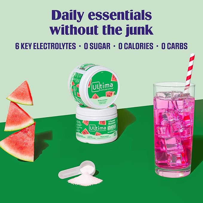 Ultima Replenisher Daily Electrolyte Powder Drink Mix – Sugar Free – Watermelon, 30 Servings – Hydration Powder with 6 Key Electrolytes and Trace Minerals – Keto Friendly, Vegan, Non-GMO
