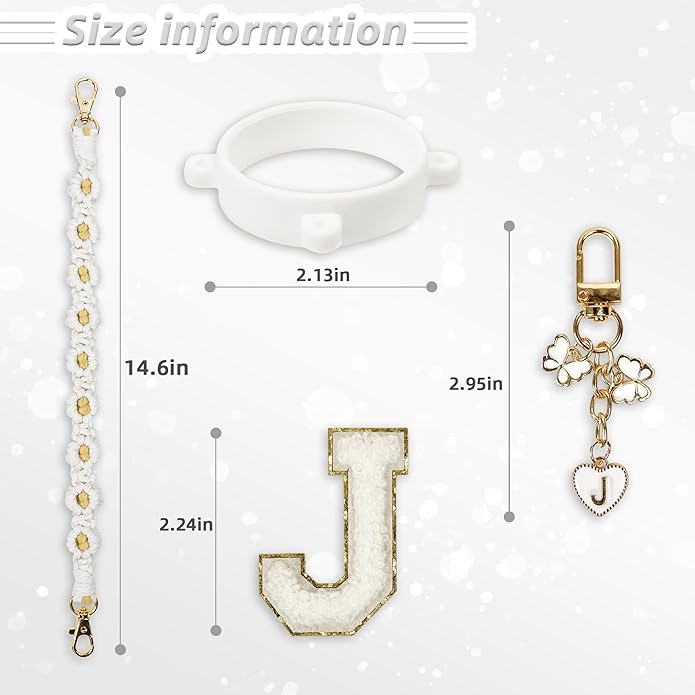 Compatible with Owala Water Bottle Accessories, Cute Letter Charm Set with Boho Handle Strap, Monogram Sticker, Silicone Ring, Keychain Decoration, for FreeSip 24 32 40oz, Owala Kids, Tumbler Gift