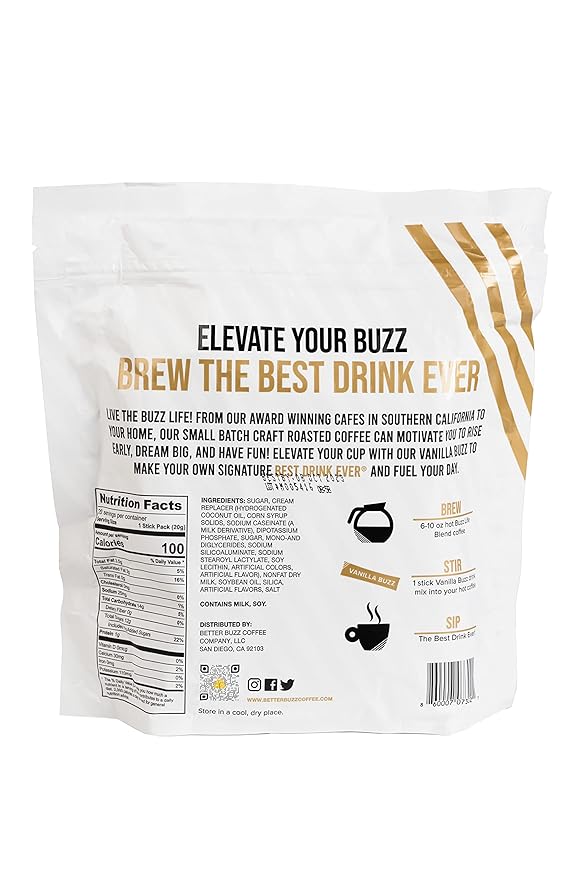 Better Buzz Vanilla Coffee Creamer Sticks - 20ct., Instant Creamer Packets, Vanilla Flavored Powdered Creamer for On-the-Go Coffee Enjoyment