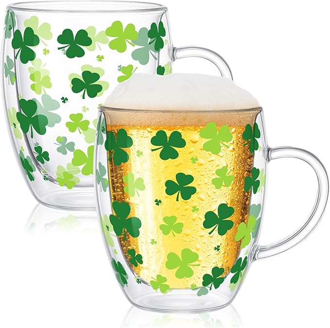 JarThenaAMCS St. Patrick's Day Coffee Mugs with Handle Shamrock Double Wall Glass Insulated Glasses 12Oz Clear Espresso Cups for Cappuccino Latte Tea Home Holiday Supplies, Set of 2