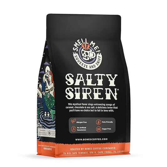 Bones Coffee Company Salty Siren, Sea Salted Caramel Chocolate Flavored Coffee, Medium Roast Low Acid Arabica Beans Compatible with Auto drip and French Press Coffee Maker, 12 Oz Ground