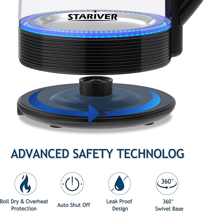 Stariver Electric Kettle, BPA-Free Glass Tea Kettle with LED, 2L Hot Water Kettle with Fast Boil, Auto Shut-Off & Boil-Dry Protection, Stainless Steel Inner Lid & Bottom, Black