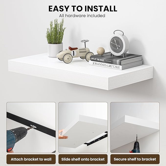 Dreamland 48" Floating Shelves for Wall, 12" Deep Thicker White Floating Shelves, Wall-Mounted Shelves for Bedroom, Living Room, Kitchen, Bathroom - Set of 2