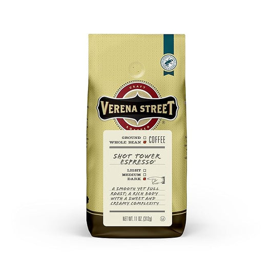 Verena Street 11 Ounce Espresso Beans, Shot Tower Espresso, Whole Bean Dark Roast, Rainforest Alliance Certified Arabica Coffee