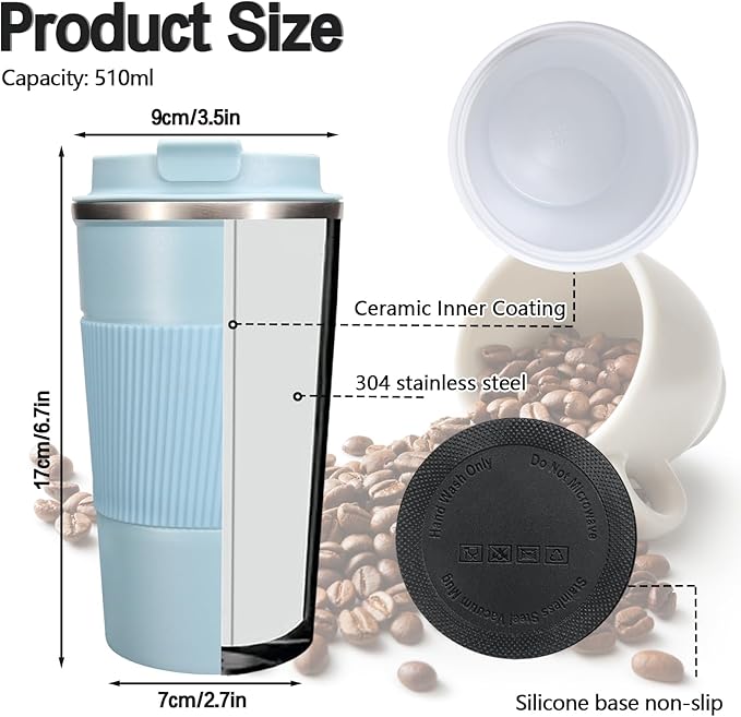 18oz Insulated Coffee Mugs with Ceramic Coating, Coffee Mug with Lid, Insulated Tumblers, Travel Coffee Mug Fits in Car Cup Holder