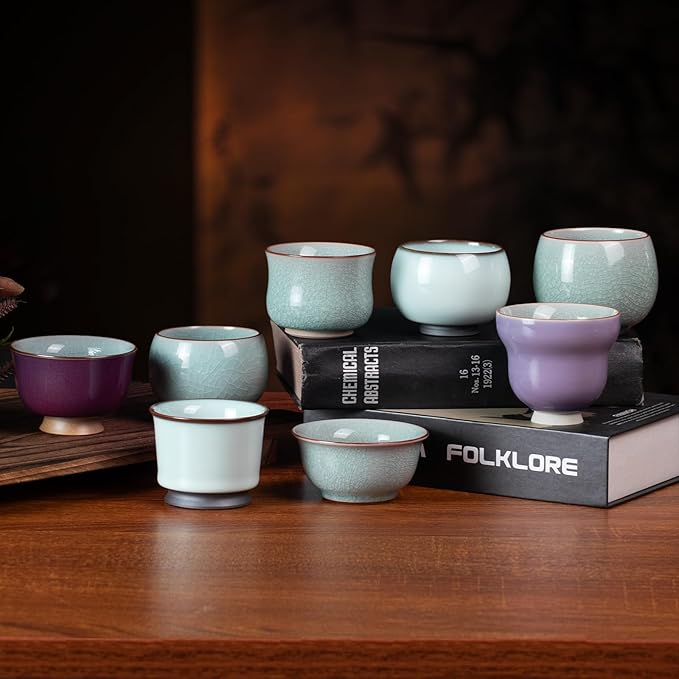 Tea Cup Set of 2 Porcelain Small Tea Cups 3oz Japanese Tea Cup Set, Asian Purple Ceramic Teacups for Home, Party, Office, Chinese Kung Fu Tea Set for Hot/Cold Drink (Gold Footed-Ice Crackle Glaze)