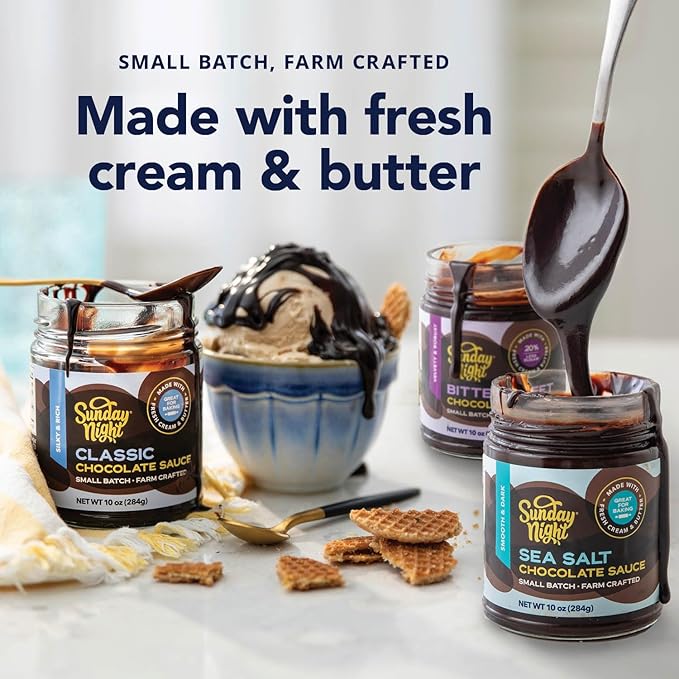Sunday Night Bittersweet Chocolate Sauce - Luxury Chocolate Gift, Gluten-Free, Pure Clean Ingredients, No Preservatives - 10oz
