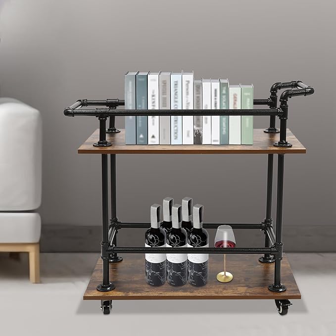 Industrial Bar Cart with Wheels, 2-Tier Rolling Kitchen Serving Cart, Mobile Wine Rack Storage Cart with Locking Casters for Home Bar Cafe Office