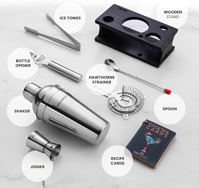 Modern Mixology Cocktail Shaker Set - 8 Piece Bartender Kit on Quality Pine Stand | Complete Cocktail Kit Gift Set | Top Bartender Gifts for Men | Leak Proof Design (Silver)