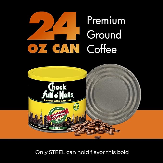 Chock Full o' Nuts Heavenly Original Half Caffeine Ground Coffee – Premium Beans in Recyclable Steel Can – Rich Flavor & Aroma, Medium Roast – Perfect for Drip, Pour-Over, Percolator – 24 Oz Can