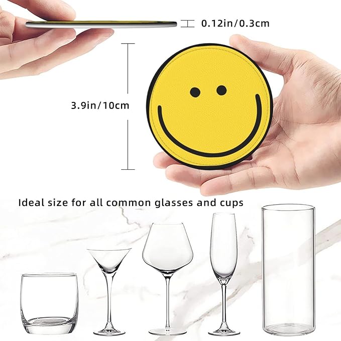 Smiley Face Coasters Set 6 for Drinks Happy Face Coaster for Coffee Table Gifts Home Decor,3.9 Inches