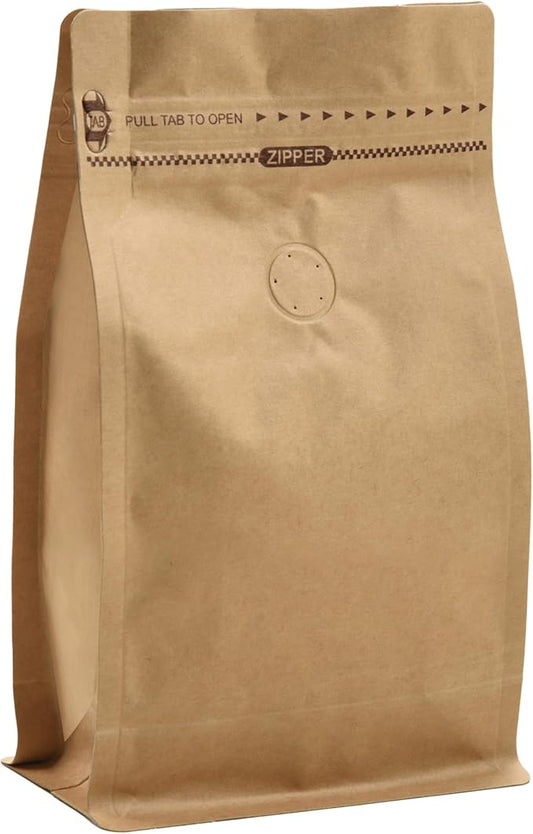 Resealable Kraft Paper Coffee Bags with Degassing Valve, Flat Bottom Side Gusset Stand Up Pouches with Zipper Lock (Pack of 100, Size for 8 oz/250 grams Beans or Ground)