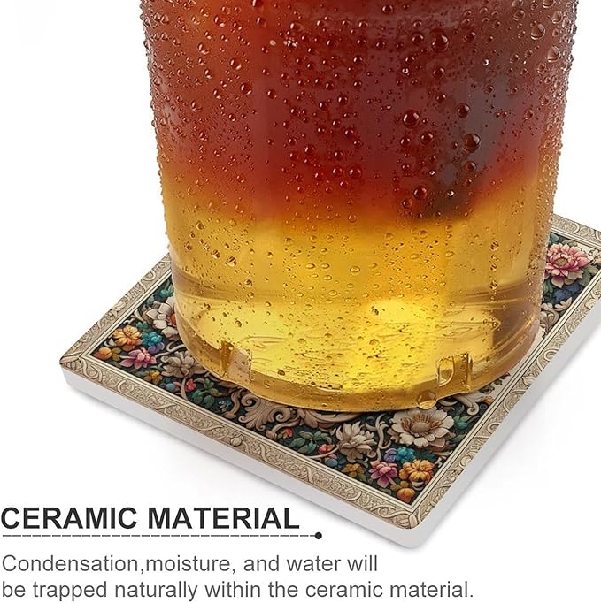 Peacock Drink Coasters, Square Ceramic Drink Coaster Square-6PCS, Beautiful Plant Colorful Floral Peacock Boho Peacockr Absorbent Ceramic Coasters for Beverage Cup, Bar, Coffee Table