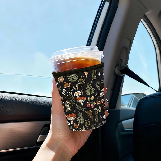 Reusable Insulated Sleeve for Iced Coffee Cup, Coffee Neoprene Sleeve for Cold & Hot Drinks, Beverage Holder for Iced Coffee (Mushroom Mirage, Small: 16-18oz)