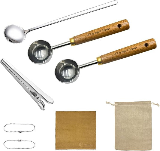 Coffee Scoop with Wooden Handle, 1 Tablespoon/ 15 ml, 304 Stainless Steel Measuring Spoon for Ground Coffee, Espresso, Tea, Protein Powder, Spices (6 Pack)