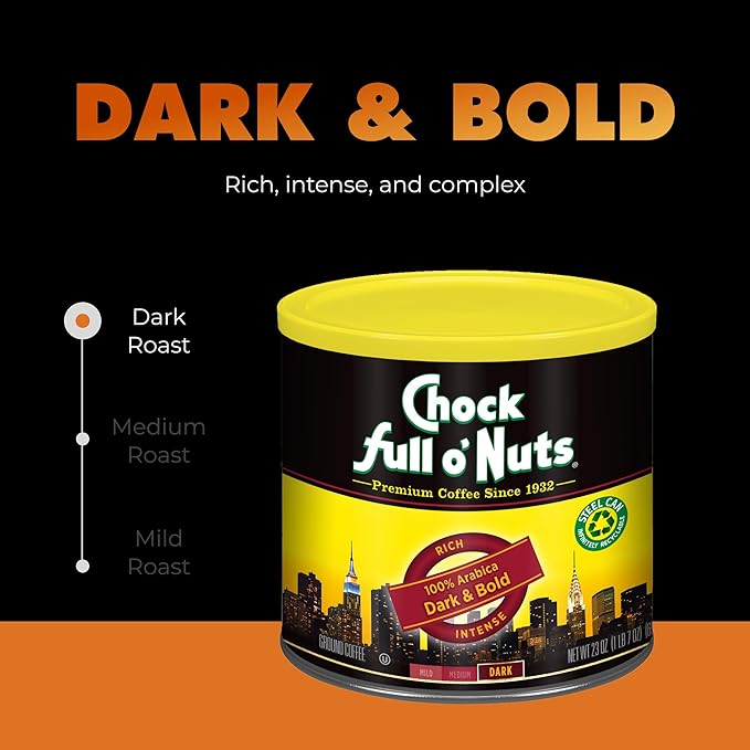 Chock Full o' Nuts Dark & Bold Ground Coffee – Premium Beans in Recyclable Steel Can – Rich Flavor & Aroma, Dark Roast – Perfect for Drip, Pour-Over, Percolator – 23 Oz Can