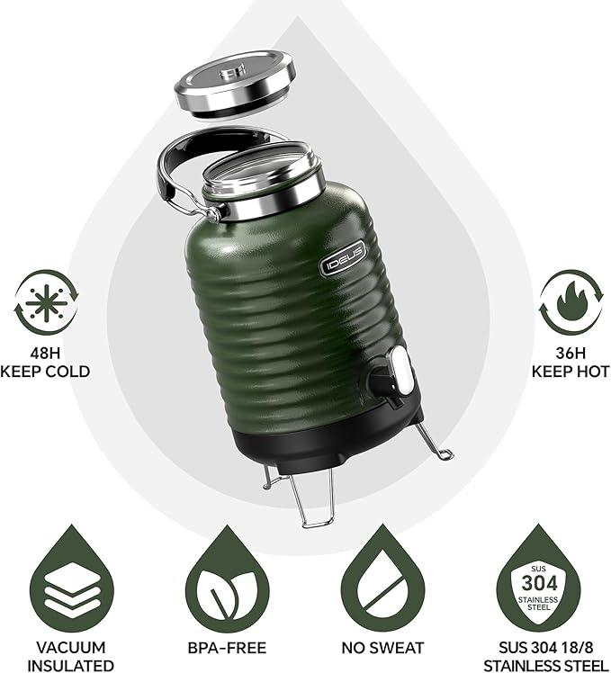 IDEUS Insulated Beverage Dispenser, All-in-one for Camping Vacuum Double-Wall Stainless Steel Water Cooler Coffee Carafe Jug Leakproof Drink Container with Handle, Spigot & Stand (Green, 1,4gal)