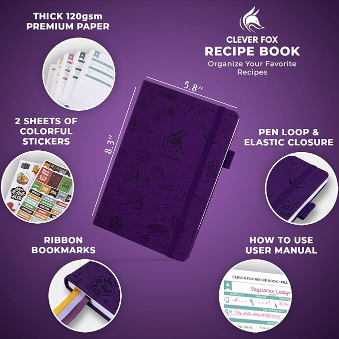 Clever Fox Recipe Book – Blank Family Cookbook – Empty Cooking Journal – Notebook Organizer to Write In Recipes – Medium, A5 (Purple)