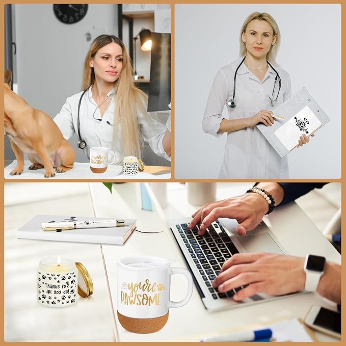 4 Pcs Veterinary Gifts Set White Thank You Gift for Cat Dog Groomers Trainer Coffee Mug Scented Candle Notebook Pen for Vet Tech Veterinary Assistant Receptionist Dog Sitter Daycare Coworker