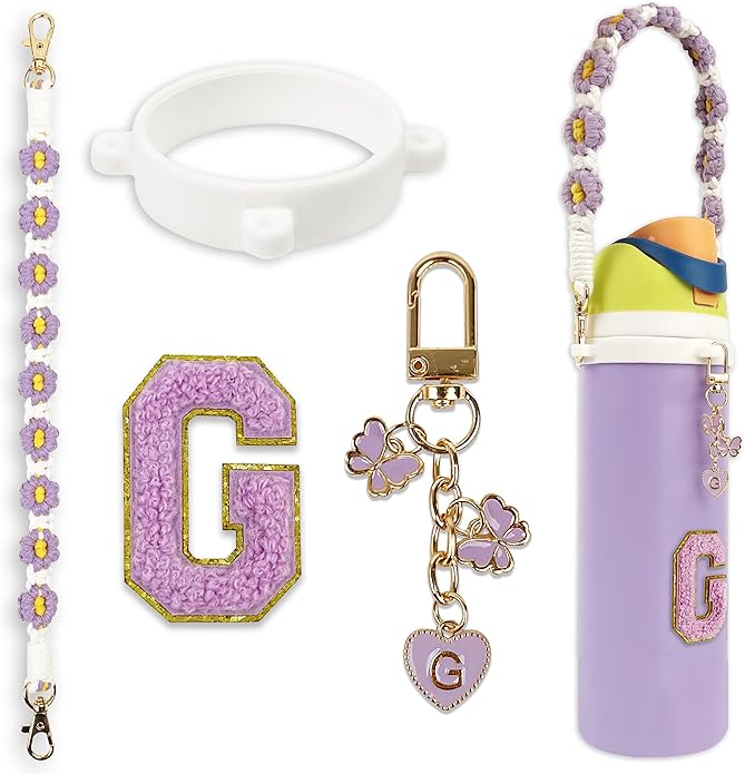 Compatible with Owala Water Bottle Accessories, Cute Letter Charm Set with Boho Handle Strap, Monogram Sticker, Silicone Ring, Keychain Decoration, for FreeSip 24 32 40oz, Owala Kids, Tumbler Gift