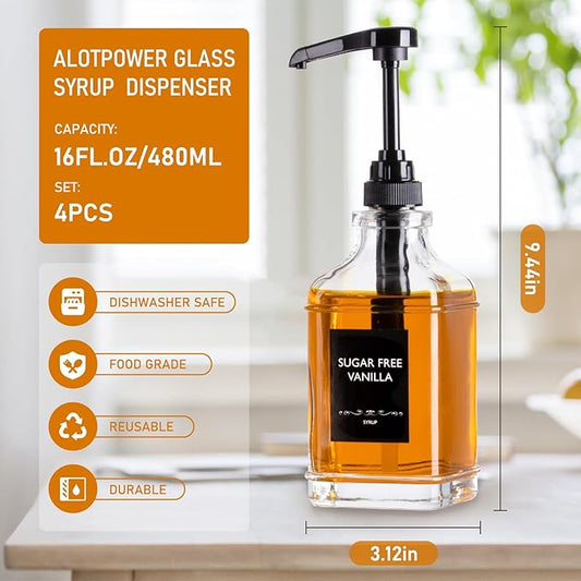 Alotpower 4-Pack 16oz Glass Coffee Syrup Dispenser Bottles, Empty Square Dispenser for Coffee Bar with 1/4oz Pump - Kit Includes 36 Labels & Marker