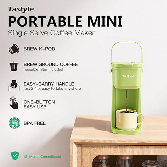 Tastyle Single Serve One Cup Coffee Maker, for K Cups and Grounds, Mini Coffee Maker with Portable Handle, 6 to 12 Oz Brew Size, for Travel, Camping, Office, RV and Dorm, 120V, Lime Green