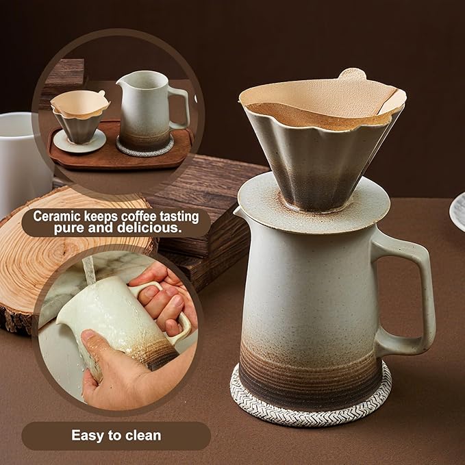 Pour Over Coffee Maker, Ceramic Coffee Dripper with 40pcs V02 Paper Filter & Coaster, 18.2oz/540ml Flower Shape Pour Over Coffee Filter set (Brown Gradient Set)