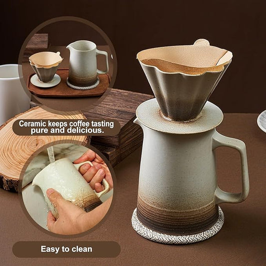 Pour Over Coffee Maker, Ceramic Coffee Dripper with 40pcs V02 Paper Filter & Coaster, 18.2oz/540ml Flower Shape Pour Over Coffee Filter set (Brown Gradient Set)