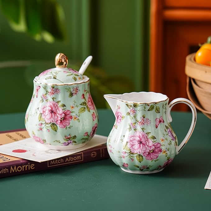 Ceramic Sugar and Creamer Set, 3 Piece Set with Cream Pitcher, Sugar Bowl, Sugar Set with Lid and Spoon (Green)