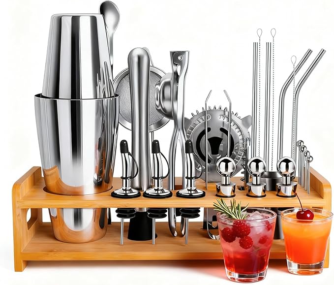 JUSTDOMI 26-Piece Stainless Steel Bar Tool Set Bartender Accessories, Cocktail Shaker Set Bartender Kit with Stand, Cocktails Kit with Muddler for Bar Accessories, Home, Party Cafe Drinks-Style 1