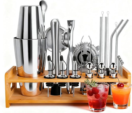 JUSTDOMI 26-Piece Stainless Steel Bar Tool Set Bartender Accessories, Cocktail Shaker Set Bartender Kit with Stand, Cocktails Kit with Muddler for Bar Accessories, Home, Party Cafe Drinks-Style 1