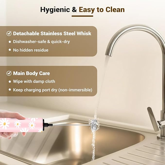 Milk Frother Handheld Rechargeable - 2-Speed Electric Whisk with 5 Detachable Heads (Frother/Mixer/Whisk) for Coffee, Latte, Cappuccino & Matcha, Drink Mixer （Flower 1)