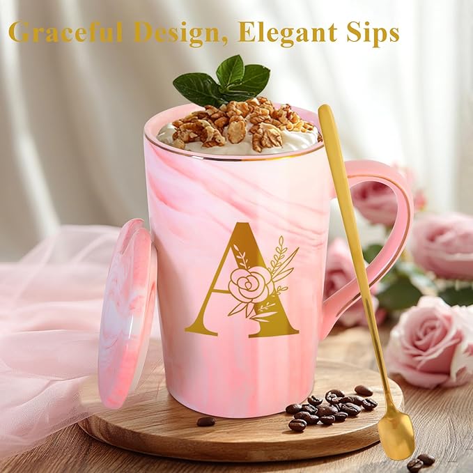 Personalized Ceramic Women Coffee Mug Tea Cup with Lid Heavy Pretty Large Pink Customized Cool Cute Women Birthday Christmas Gift for Her Wife Mother Day Grandma Girlfriend Friend Friendship Unique,A