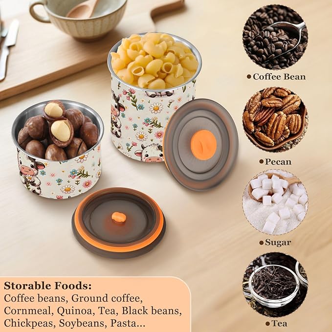 ALAZA Cute Cow Daisy Flower Airtight Coffee Bean Canister 500ml Food Storage Containers with Lids For Gournd, Tea, Sugar, Flour, Rice, Cereal, Candy Cookie Jar