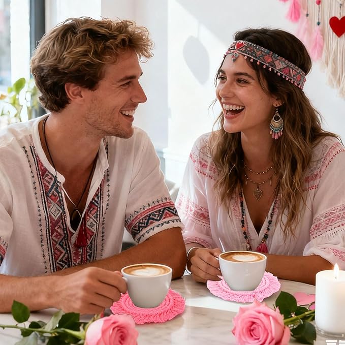 Whaline 4Pcs Boho Macrame Coasters Handmade Woven Drink Coasters Red Pink Farmhouse Cup Mat Pad for Home Kitchen Office Valentine's Day Party Table Decor